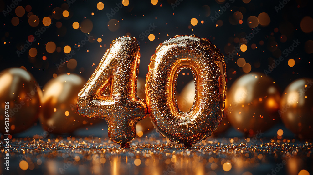 Gold foil balloon number, digit forty. Birthday greeting card with inscription 40th. Anniversary celebration event. Banner. Golden numeral, black background. Numerical digit, light bokeh, glitter Gold foil balloon number, digit forty. Birthday greeting card with inscription 40th. Anniversary celebration event. Banner. Golden numeral, black background. Numerical digit, light bokeh, glitter