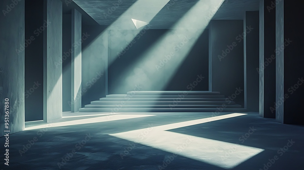 Obraz premium Light rays stream into an abstract minimalist concrete room, illuminating steps that lead to nowhere and everywhere.