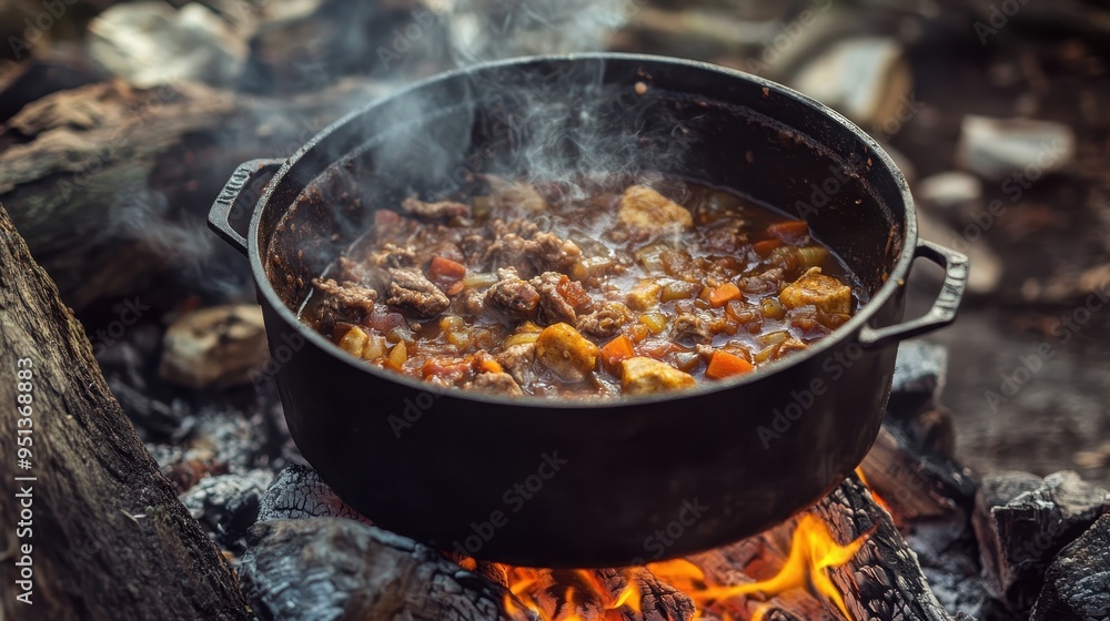 Hearty Campfire Stew in Cast Iron Pot Hearty Campfire Stew in Cast Iron Pot