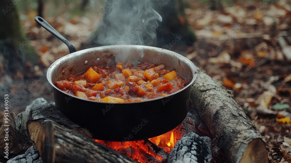 Hearty Outdoor Stew Simmering Over a Campfire Hearty Outdoor Stew Simmering Over a Campfire