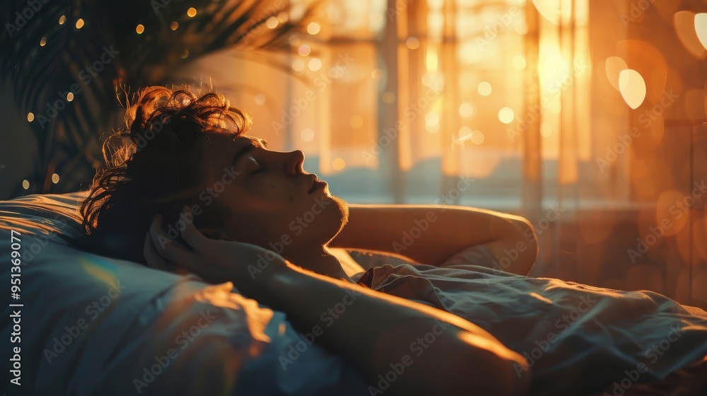 A person struggling to sleep, using relaxation techniques to try and rest. A person struggling to sleep, using relaxation techniques to try and rest.