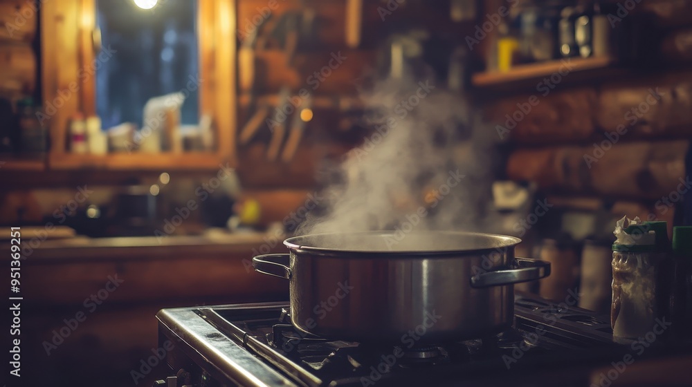Cozy Rustic Kitchen with Steaming Pot on Stove Cozy Rustic Kitchen with Steaming Pot on Stove