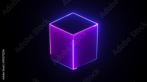 Glowing looping pentagonal neon square frame effect, black background. Technology Sign, Colorful Neon Figure On Black Background. Blue and pink color neon glowing square concept. photo