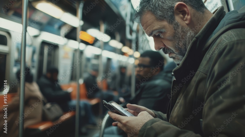A professional commuting on a crowded subway, reading the morning news on a smartphone. A professional commuting on a crowded subway, reading the morning news on a smartphone.