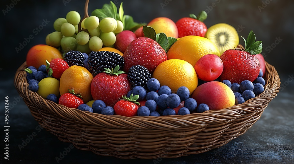 A basket brims with fresh oranges, strawberries, and blueberries, a celebration of natural bounty. A basket brims with fresh oranges, strawberries, and blueberries, a celebration of natural bounty.