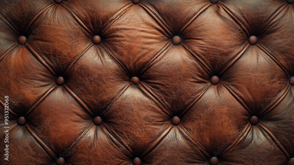 Fototapeta premium Brown Leather Upholstery Texture with Buttons and Stitching