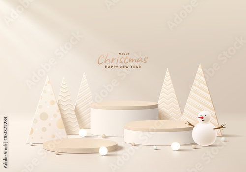 3D cream round podium with Merry christmas tree, Snowman, neon ball background. Abstract composition minimalist design. Studio display showroom product pedestal, Fashion stage showcase mockup scene.