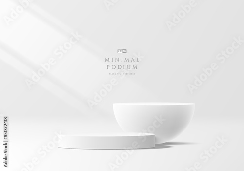 3D white round podium and sphere ball background. Abstract geometric composition in minimalist design. 3D studio display showroom product pedestal, Fashion stage showcase mockup scene. Vector EPS10.