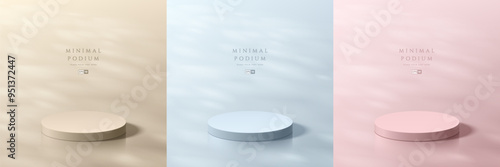 Set of beige, blue, pink podium background with leaf shadow overlay on floor. Abstract composition in minimalist design. Studio display showroom product pedestal, Fashion stage showcase mockup scene.