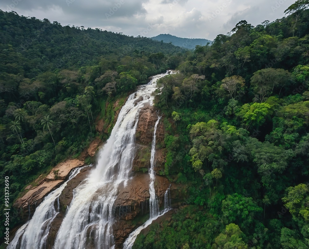 View from above of a waterfall in the lush, green tropical jungle that envelops Doi Inthanon National Park in Chiang Mai, Thailand. This natural location emphasises water sustainability in addition to View from above of a waterfall in the lush, green tropical jungle that envelops Doi Inthanon National Park in Chiang Mai, Thailand. This natural location emphasises water sustainability in addition to