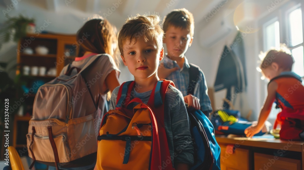 Parents helping their children get ready for school, organizing backpacks and supplies. Parents helping their children get ready for school, organizing backpacks and supplies.