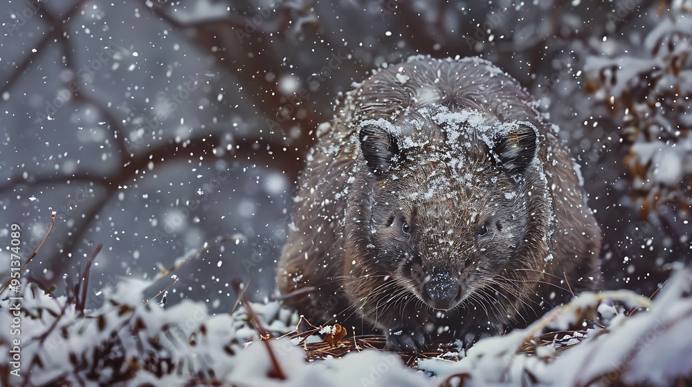 Obraz premium A wombat in the amidst a snowstorm