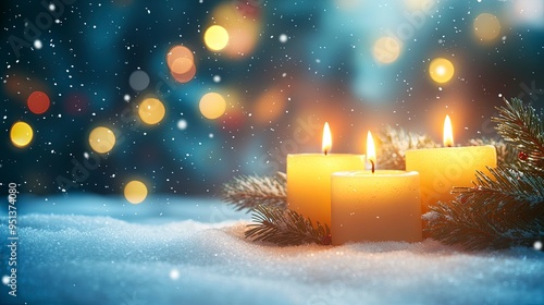 Christmas background with candles on a snow and bokeh.