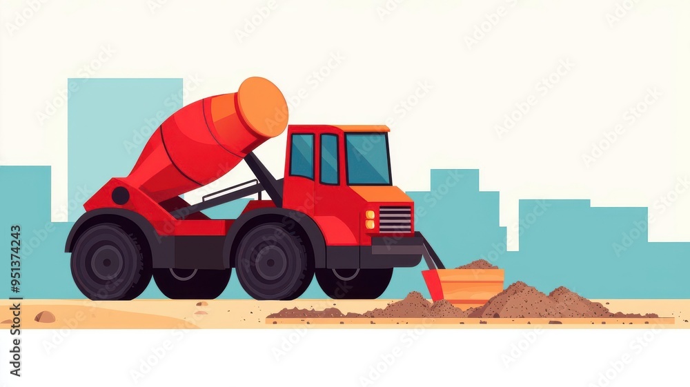 Naklejka premium Concrete mixer pouring foundation for a new building, flat color vector, neutral tones