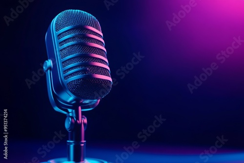studio microphone with neon lights background, podcast, broadcasting, talkshow