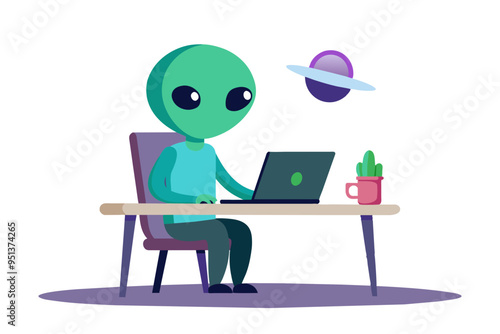 An alien sitting with a laptop on the table vector art illustration photo