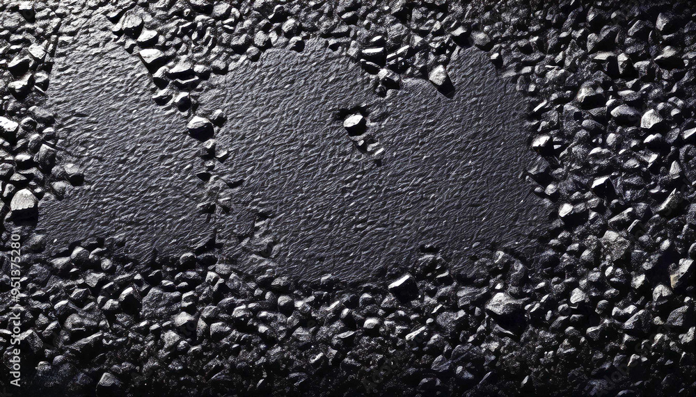 The cracked asphalt surface texture, pitch black in color, contrasts with the background of small gravel. The cracked asphalt surface texture, pitch black in color, contrasts with the background of small gravel.