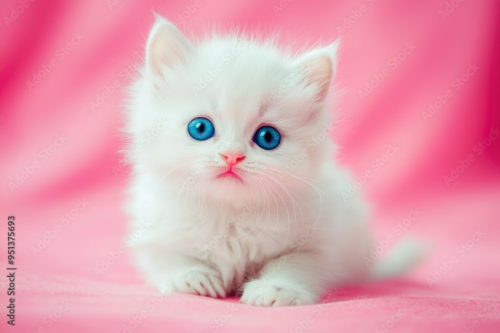 Adorable White Kitten with Blue Eyes on a Pink Background Adorable White Kitten with Blue Eyes on a Pink Background