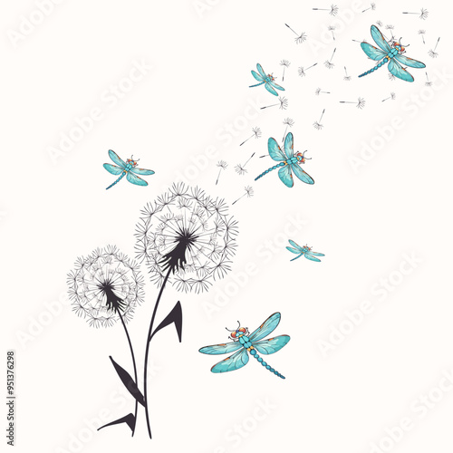 Flying dragonflies on dandelions.Vector illustration with blue dragonflies and stylized dandelions on a white background.