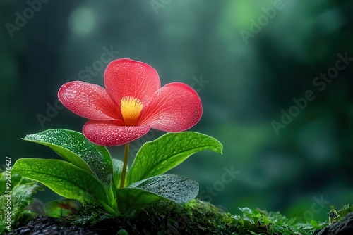 Rare rafflesia flower blooming in rainforest  captured in a dramatic, closeup shot with vibrant colors and intricate details photo