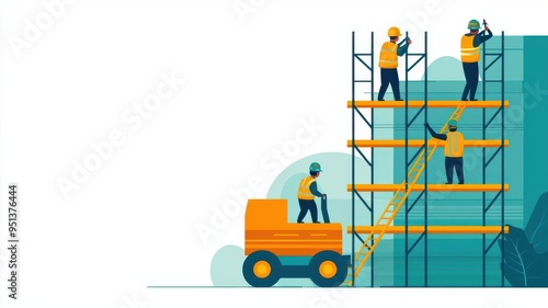 Construction workers assembling scaffolding around a building, flat vector style, industrial palette