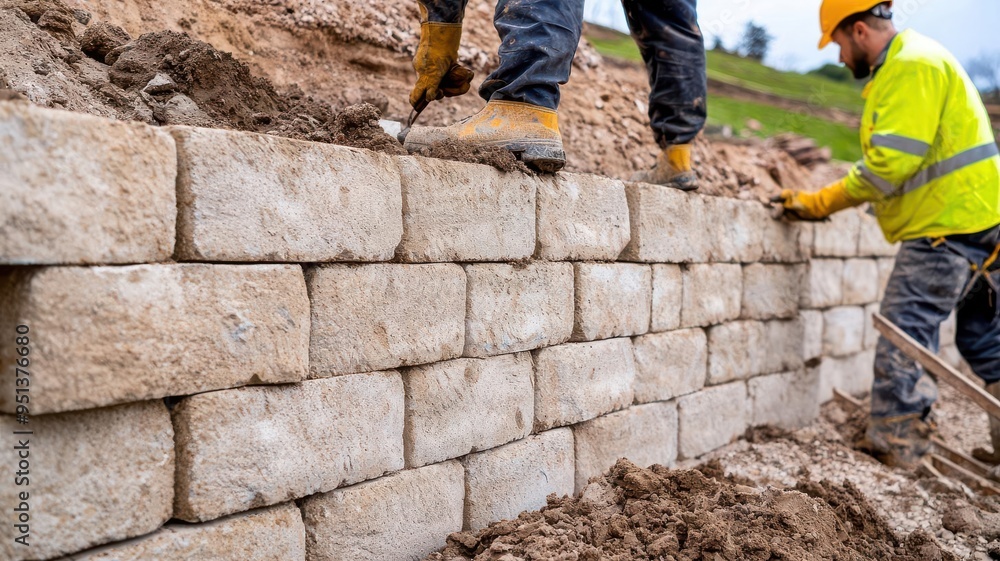 Construction workers building a retaining wall on a hillside, clean and simple design, earthy colors Construction workers building a retaining wall on a hillside, clean and simple design, earthy colors