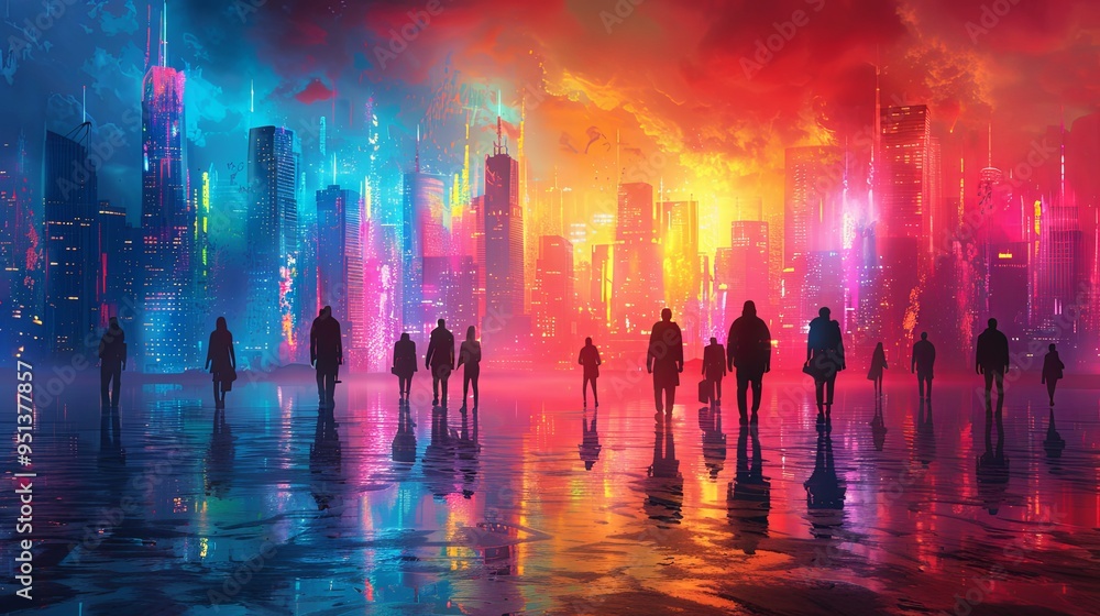 Silhouettes of people in futuristic cityscape digital urban environment vibrant colors skyscrapers neon lights modern city background Silhouettes of people in futuristic cityscape digital urban environment vibrant colors skyscrapers neon lights modern city background