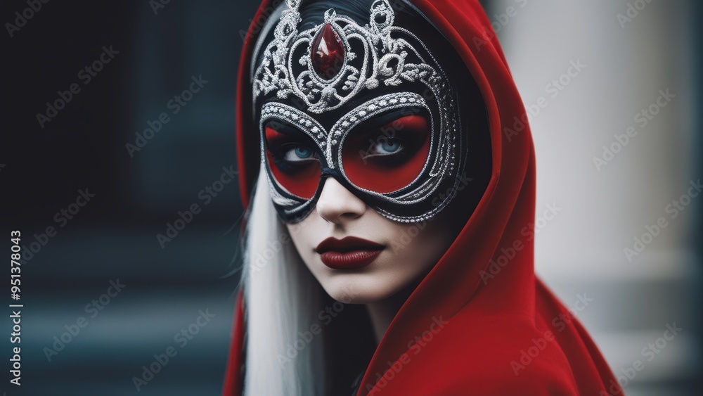 A person wears an elaborate red hooded cloak heavy makeup and a black mask evoking a fantasy or fairy tale theme. A person wears an elaborate red hooded cloak heavy makeup and a black mask evoking a fantasy or fairy tale theme.