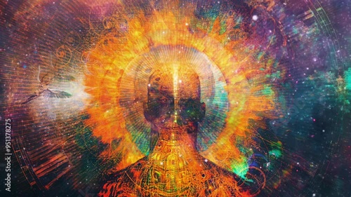 Time mystery. Man with burning halo