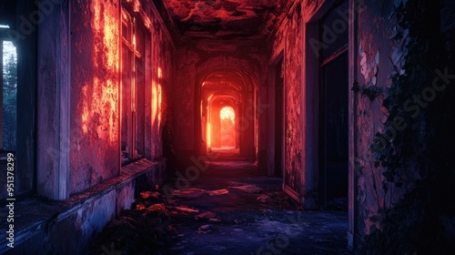 A corridor in an abandoned building bathed in fiery light, exuding mystery and intrigue during the quiet, enigmatic evening