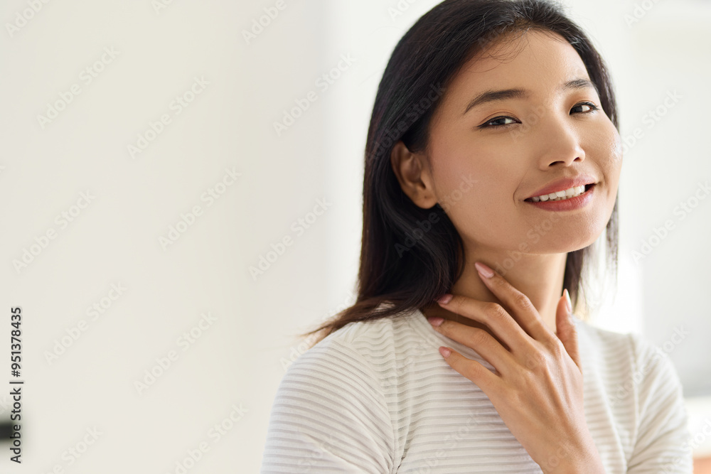 Smiling Woman With Flawless Skin Touching Neck, Radiating Confidence And Natural Beauty, Perfect For Skincare Advertisement Smiling Woman With Flawless Skin Touching Neck, Radiating Confidence And Natural Beauty, Perfect For Skincare Advertisement