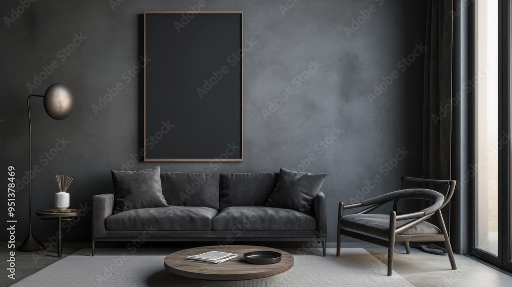 Interior Featuring Black Sofa, Armchair, Coffee Table, and Three Blank Frame Mockups on the Wall. Minimalist Style with Copy Space on the Side Interior Featuring Black Sofa, Armchair, Coffee Table, and Three Blank Frame Mockups on the Wall. Minimalist Style with Copy Space on the Side