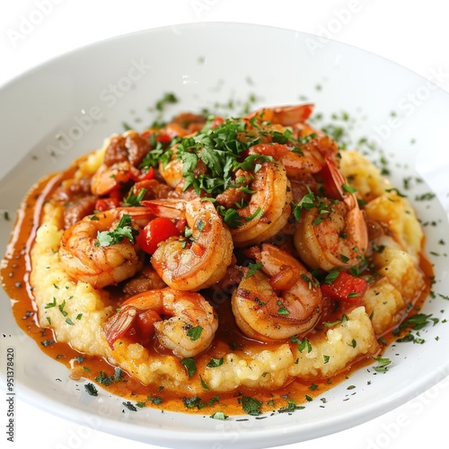 A dish consisting of shrimp, pasta (likely fettuccine or similar),