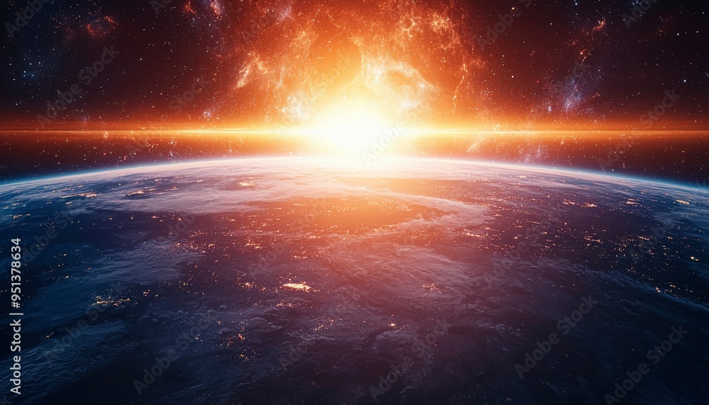 A Celestial Sunrise Over Earth, With Bright Light and a Starry Background A Celestial Sunrise Over Earth, With Bright Light and a Starry Background