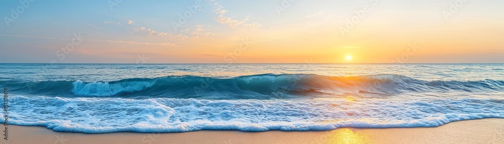 Obraz premium Tranquil sea waves basking in sunrise glow, sea waves sunrise, morning calm