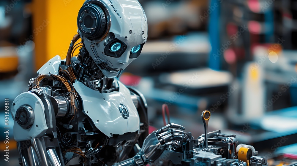 Closeup view of a futuristic robot arm with advanced mechanical and electronic components in industrial setting Closeup view of a futuristic robot arm with advanced mechanical and electronic components in industrial setting