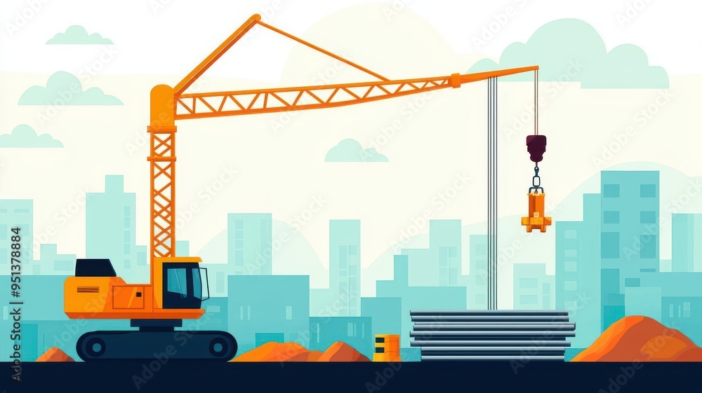 Obraz premium Crane hoisting steel rods on a construction site, flat vector style, rugged industrial palette
