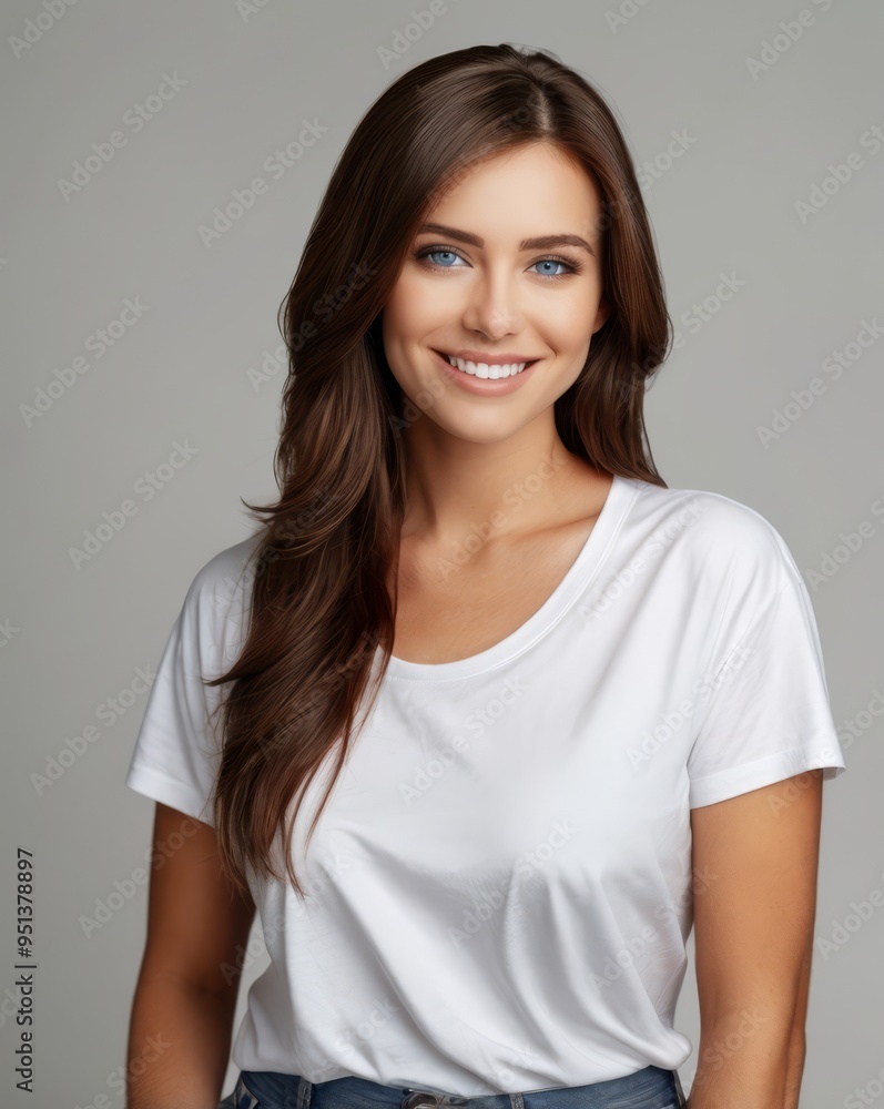 beautiful woman blue eyes, dark brown thick smooth straight shiny and silky hair, smiling, white t-shirt, white background professional photography in studio beautiful woman blue eyes, dark brown thick smooth straight shiny and silky hair, smiling, white t-shirt, white background professional photography in studio