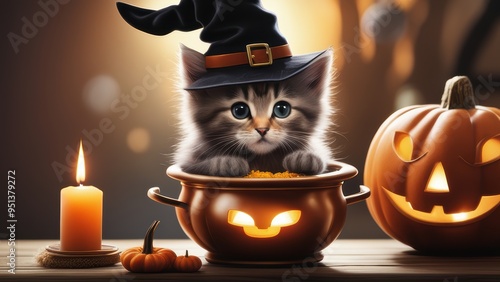 A cute cat sits in a cauldron on a table wearing a witch's hat amidst jack-o'-lanterns and candles under an orange-lit background. photo