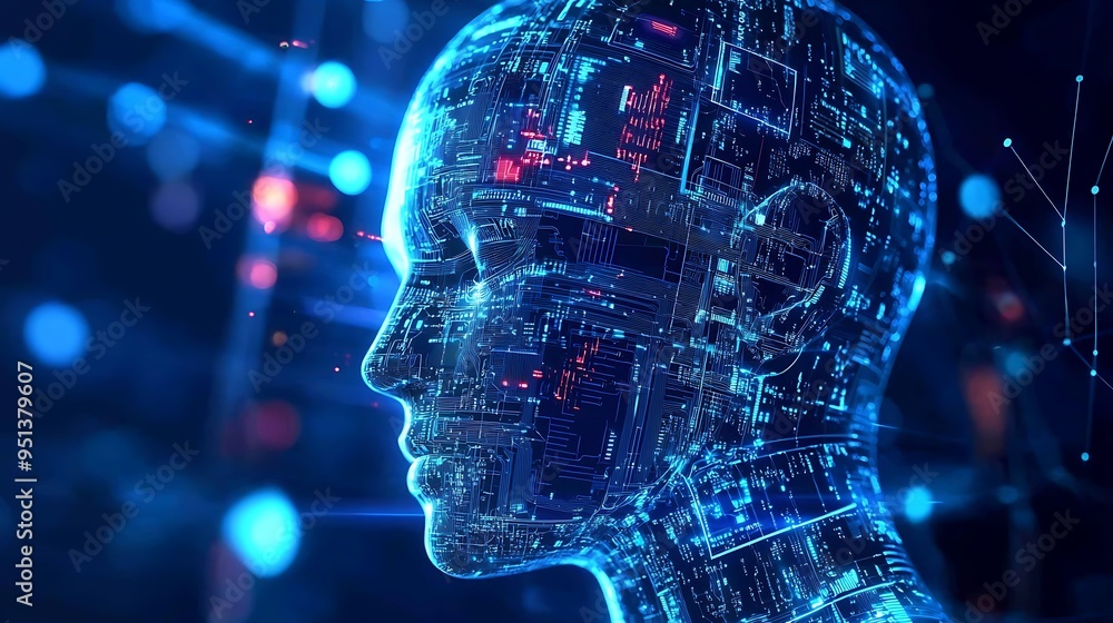 A futuristic digital human head represents AI, glowing with abstract technological symbols. A futuristic digital human head represents AI, glowing with abstract technological symbols.