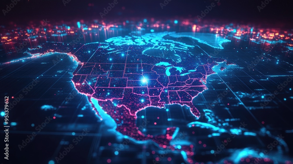 A futuristic digital map of North America with glowing cityscapes and technological elements, A futuristic digital map of North America with glowing cityscapes and technological elements,