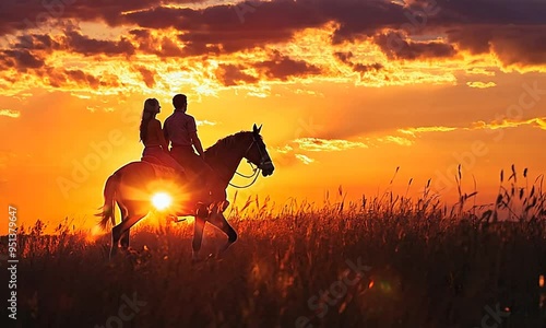 Silhouettes of a Couple Riding a Horse During Sunset