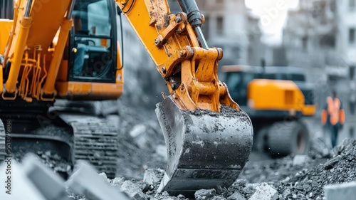 Excavator breaking up concrete in an urban setting, minimalist design, gritty tones photo