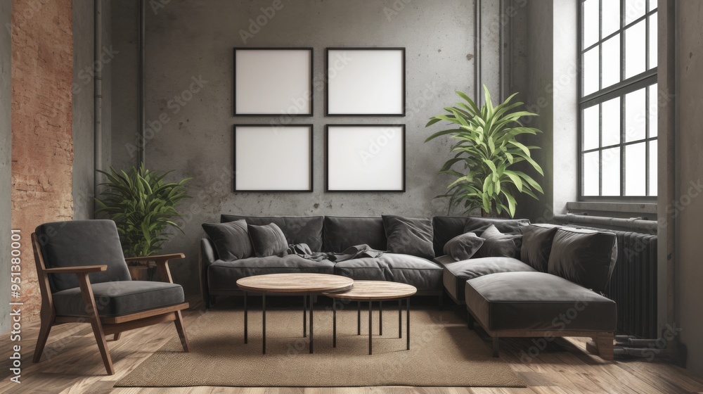Interior Featuring Black Sofa, Armchair, Coffee Table, and Three Blank Frame Mockups on the Wall. Minimalist Style with Copy Space on the Side Interior Featuring Black Sofa, Armchair, Coffee Table, and Three Blank Frame Mockups on the Wall. Minimalist Style with Copy Space on the Side
