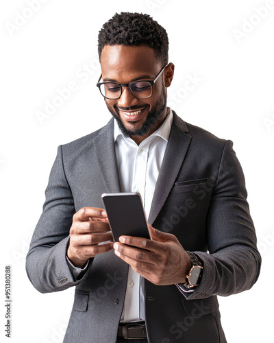 Smiling African American Businessman Using Smartphone - White Background, transparent background, PNG file