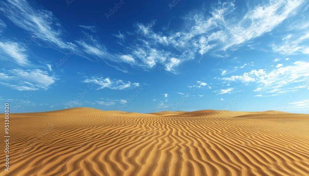 Naklejka premium Rippled Sand Dunes Beneath a Blue Sky With Wispy Clouds