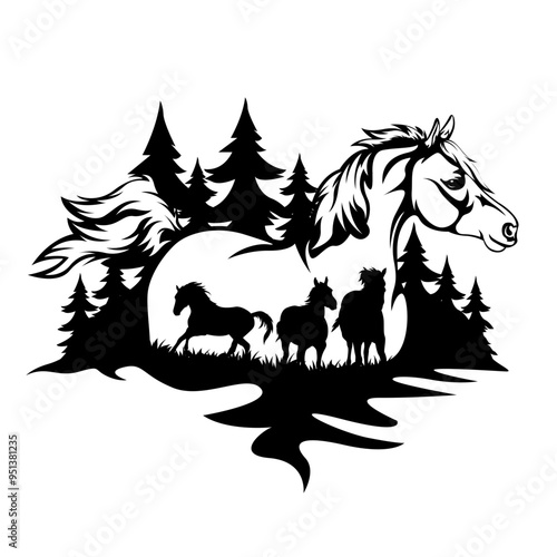 Horse Scene | Stallion | Equestrian | Western Country Farm | Horse Running | Horse Lover | Outdoor Scene | Nature Scene | Original Illustration | Vector and Clipart | Cutfile and Stencil