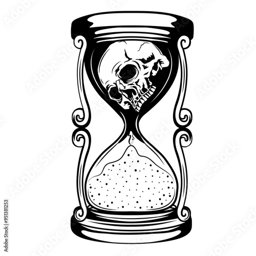 Hour Glass | Skull | Skull in Hour Glass | Ancient Watch | Life Time | Ancient Timer | Sand Glass | Sand Upside Down | Original Illustration | Vector and Clipart | Cutfile and Stencil