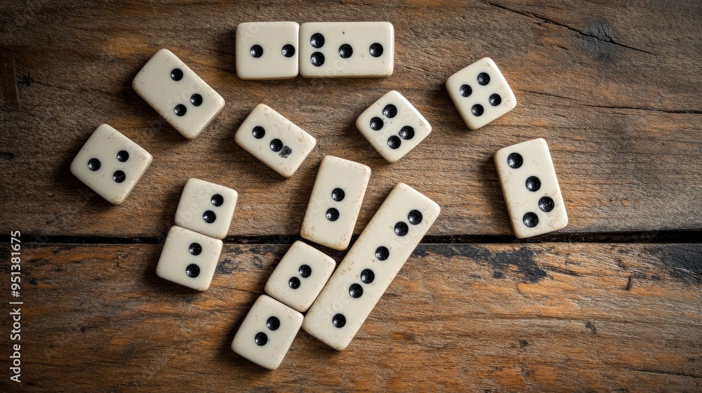 A top view of a domino game in progress, with dominoes displaying black dots neatly arranged on a wooden table A top view of a domino game in progress, with dominoes displaying black dots neatly arranged on a wooden table