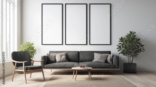 Interior Featuring Black Sofa, Armchair, Coffee Table, and Three Blank Frame Mockups on the Wall. Minimalist Style with Copy Space on the Side